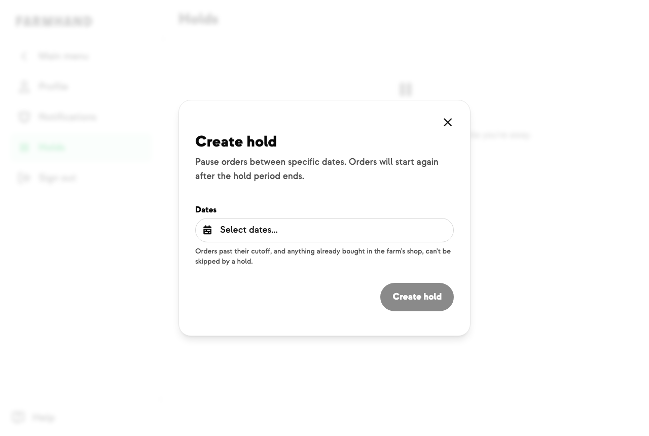 Hold dialog with the plain-language note about what a hold cannot stop
