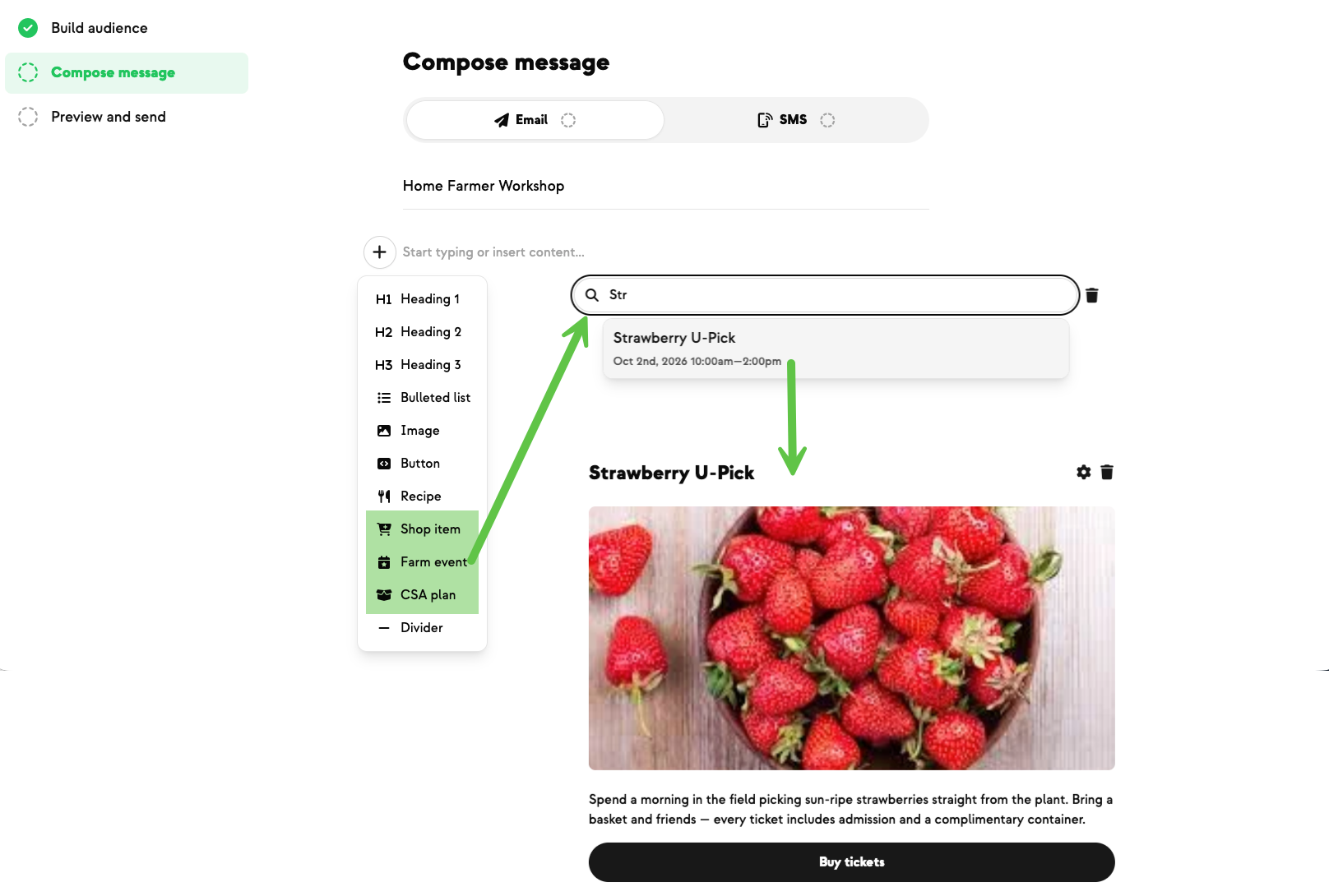 Campaign email editor inserting a shop item block as a branded card