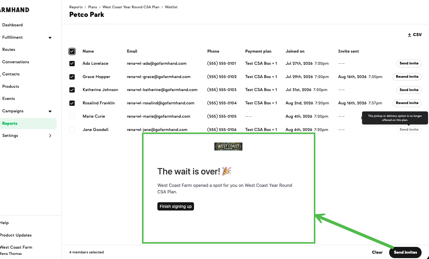 Waitlist tab of the Plans report with Send invite actions and invite-sent timestamps