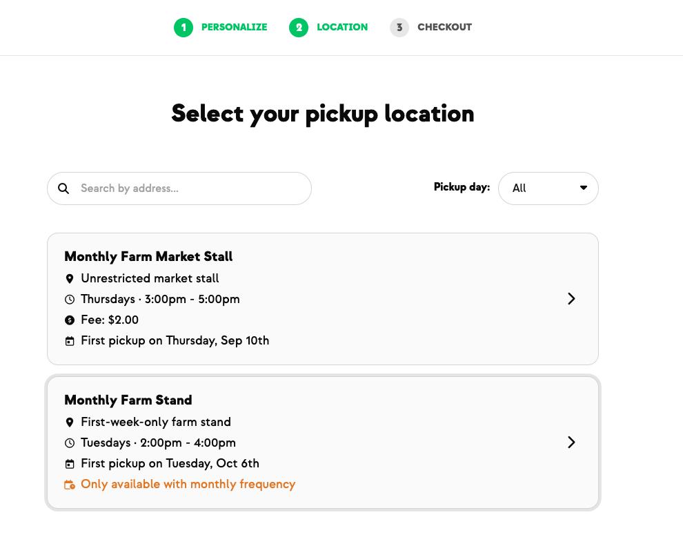 Pickup location step showing a first-week-only farm stand marked Only available with monthly frequency