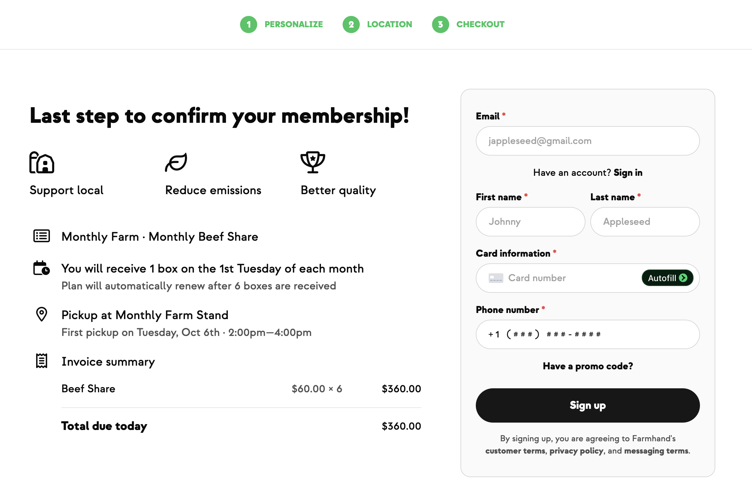 Sign-up confirmation reading: You will receive 1 box on the 1st Tuesday of each month, with the first pickup date beneath it