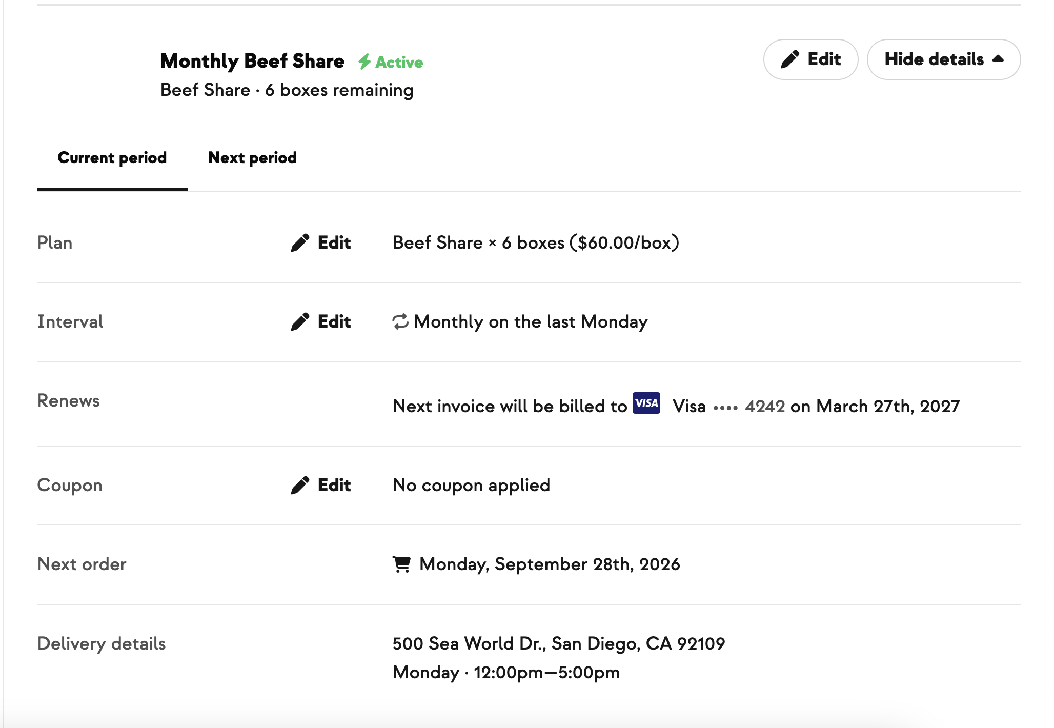 Member subscription panel with Interval reading Monthly on the last Monday, plus next order and renewal dates