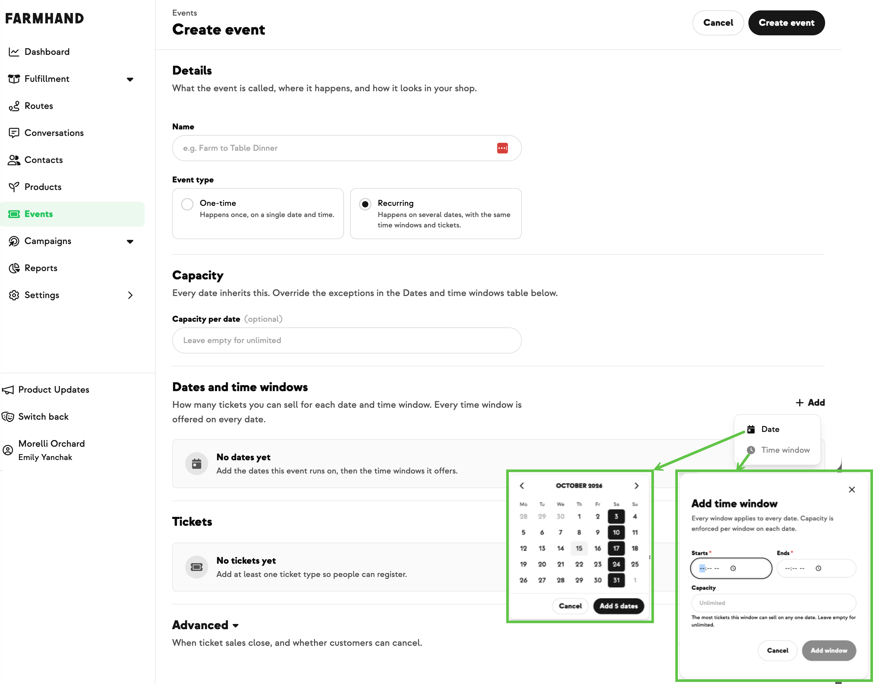 Create event page with Recurring selected, showing the capacity-per-date field and the dates and time windows grid