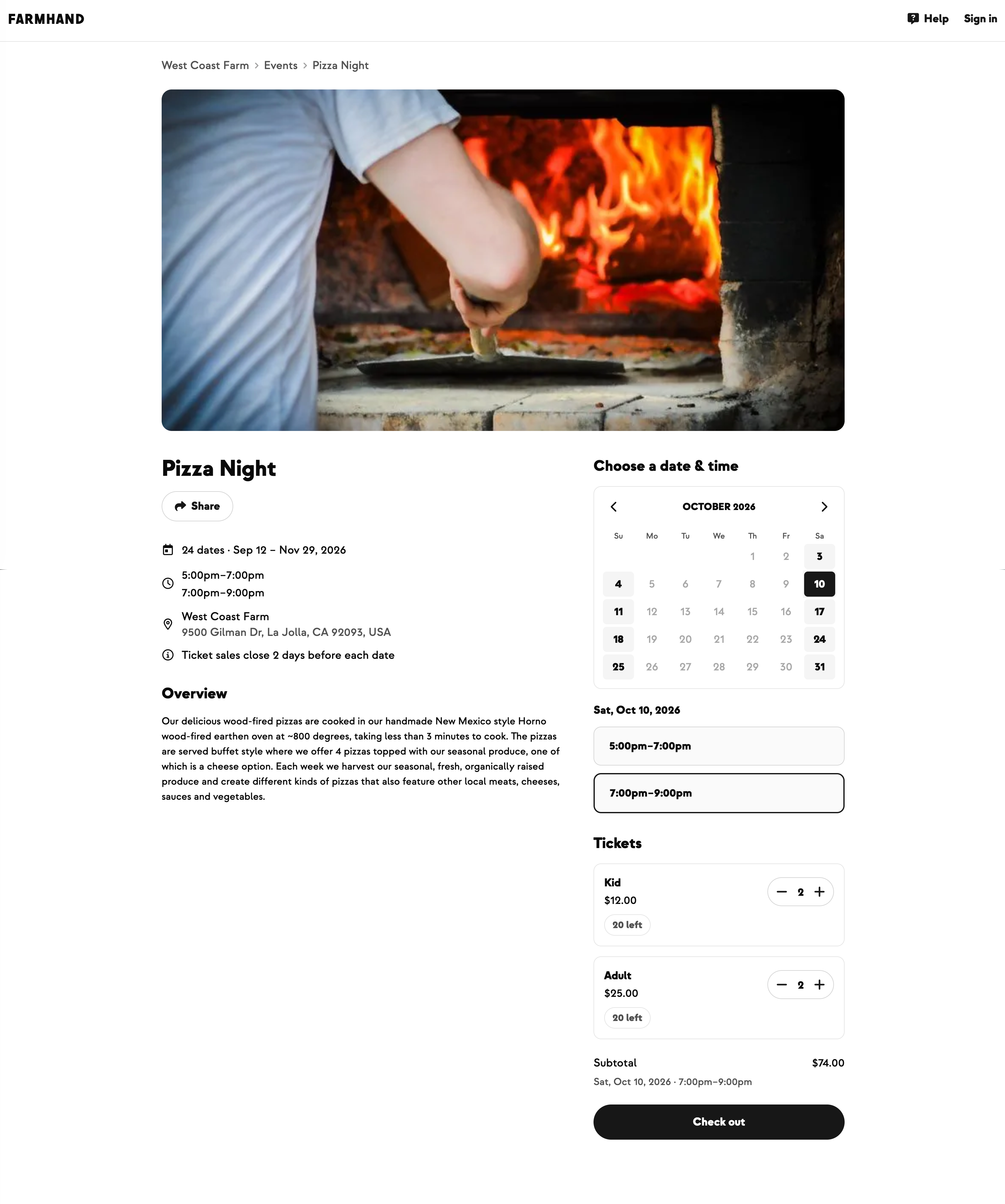 Pizza Night event page showing 24 dates, a Choose a date and time calendar with unavailable dates greyed out, two time windows, and ticket quantities with spots remaining