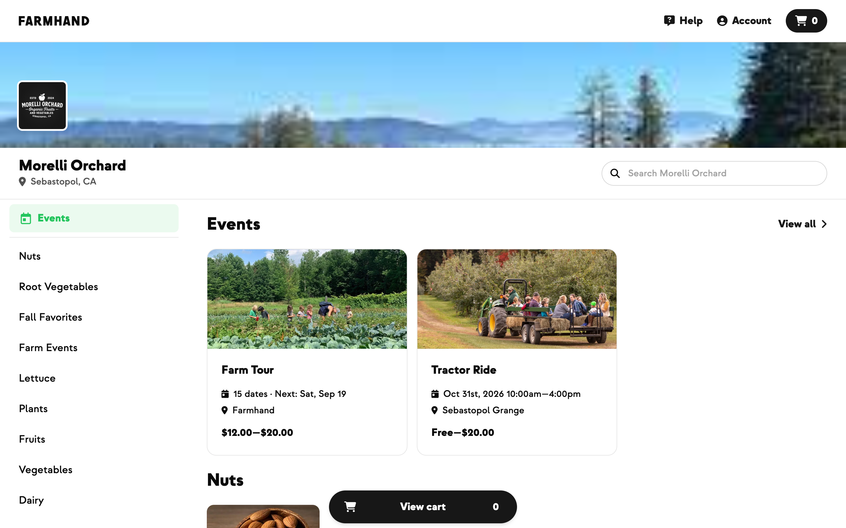 Farm shop events feed showing one card for a 15-date series next to a single-date event