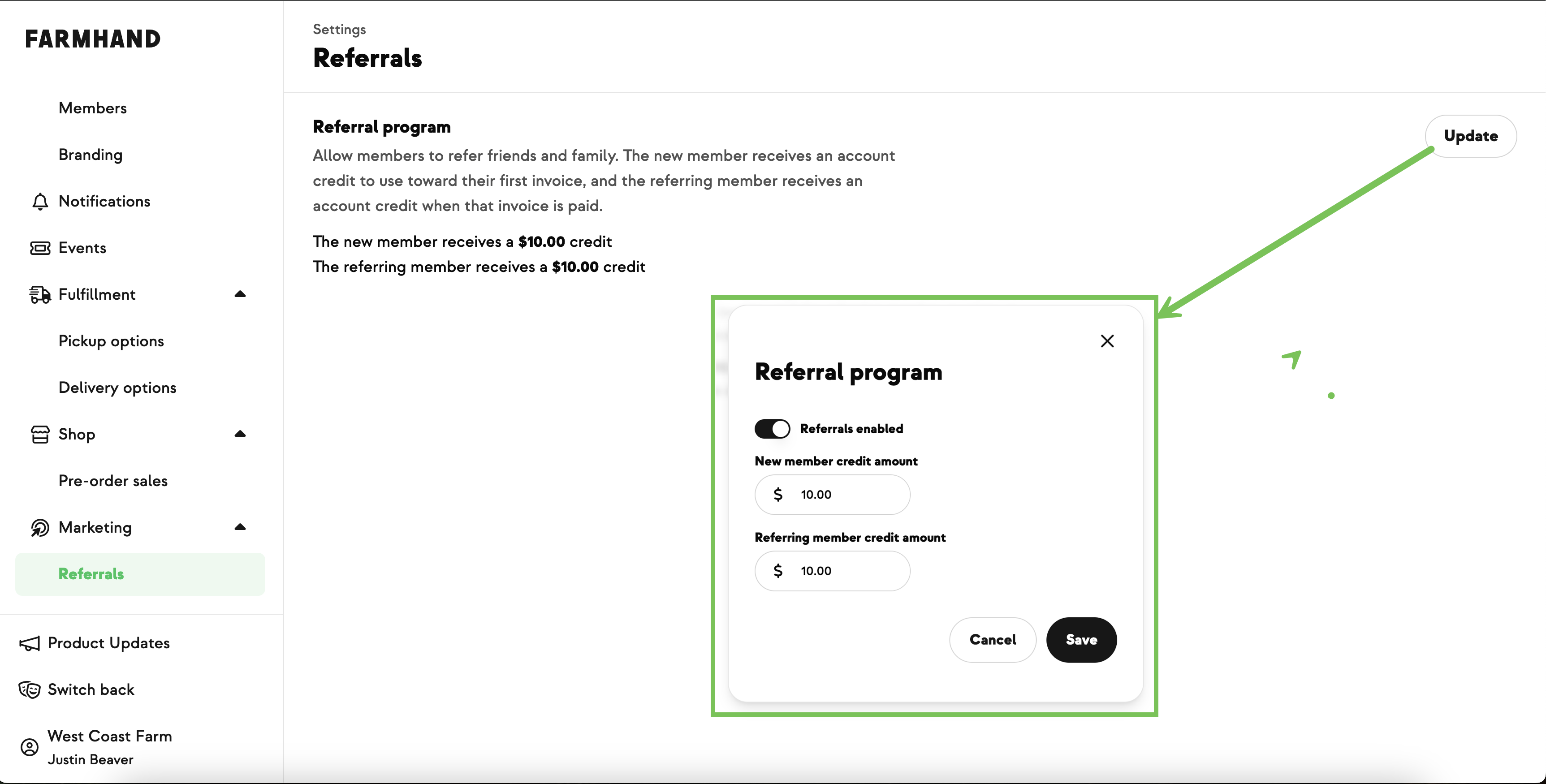 Referrals settings page with the two credit amounts and the edit dialog open