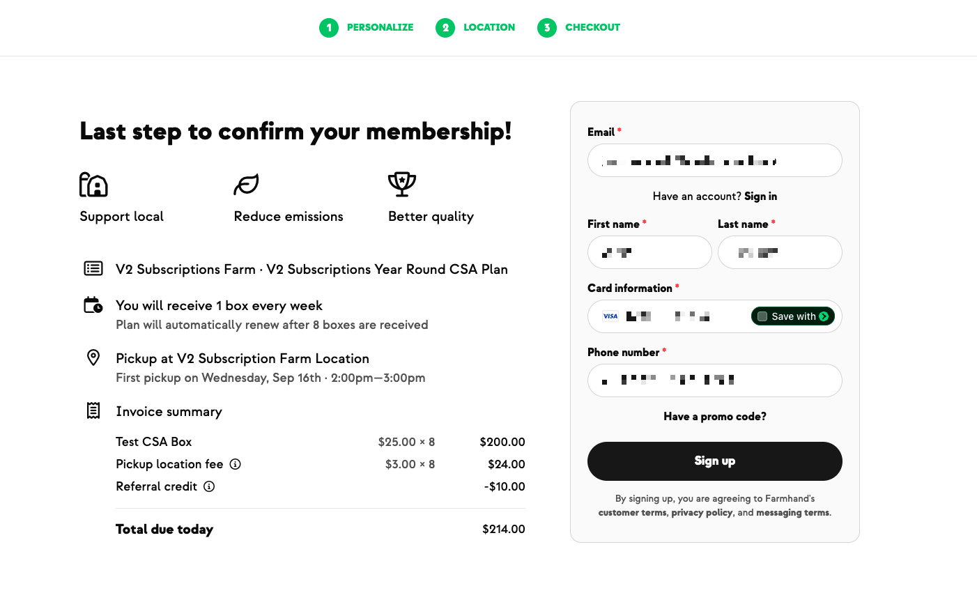 Signup checkout invoice summary with a Referral credit line reducing the total due today