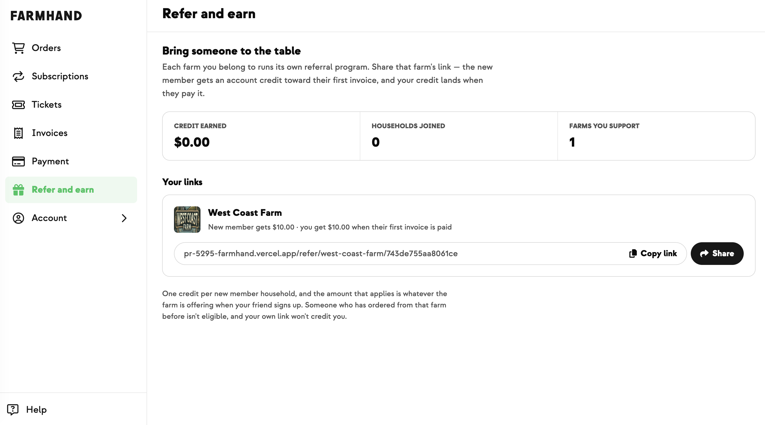Refer and earn page in the member portal showing a farm's referral link with Copy link and Share buttons