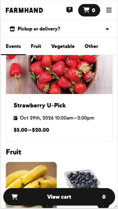 The Pickup or delivery? control sitting in the shop header, above the product categories