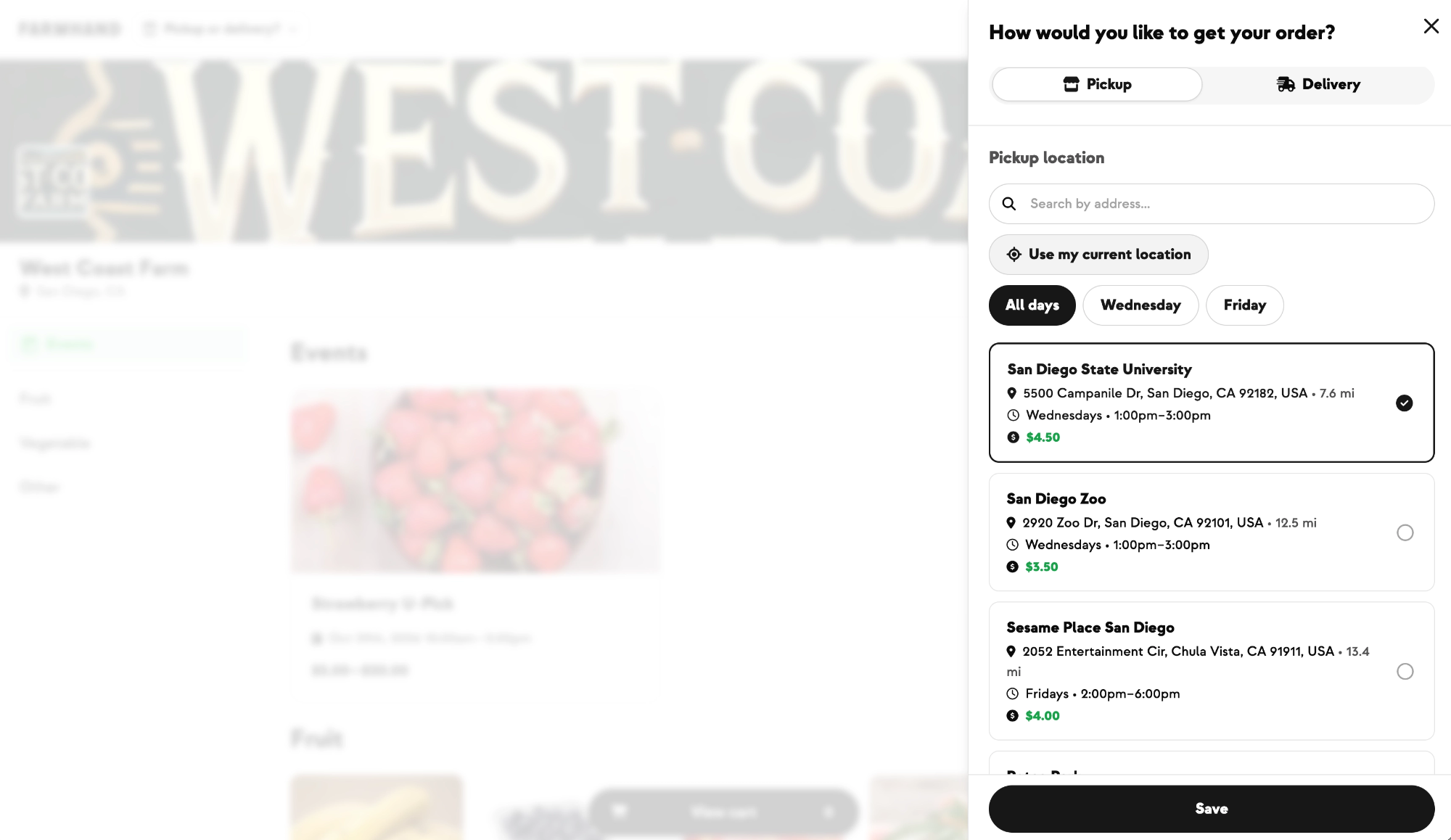 Pickup and delivery chooser listing each site with its address, distance, day, time window and fee