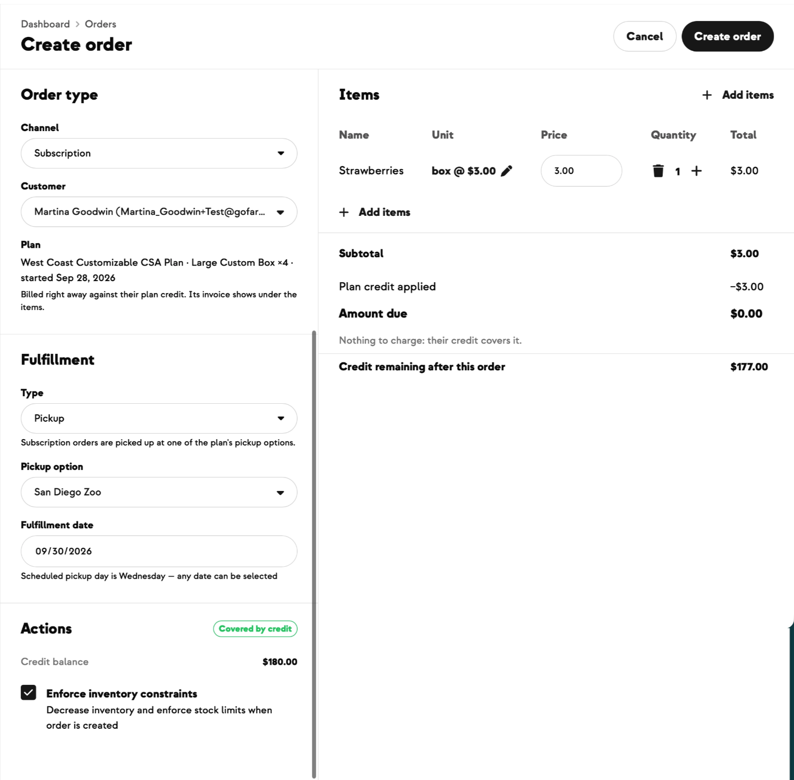 Create order on the Subscription channel with a Covered by credit pill
