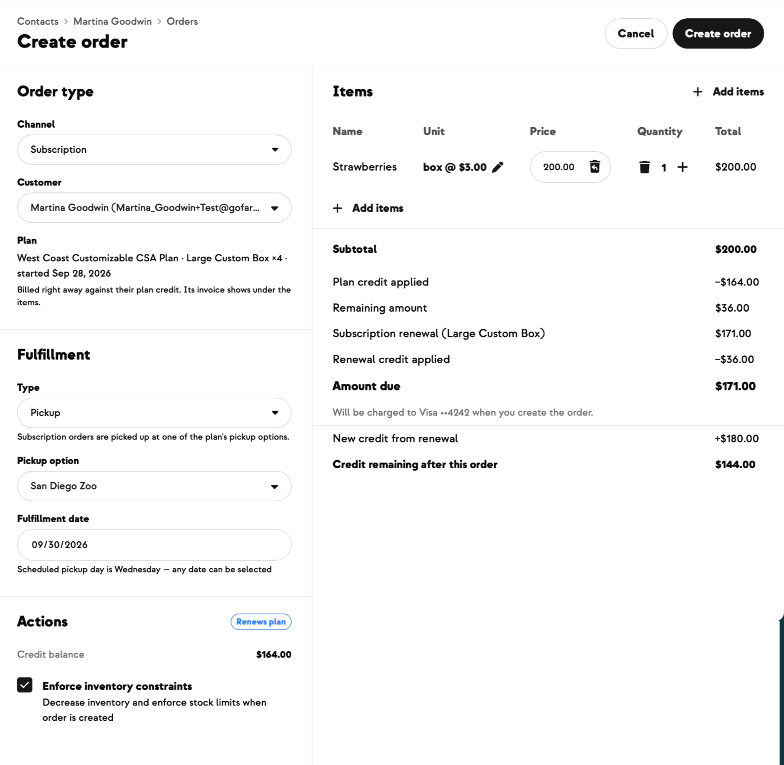 Cost breakdown under the items: plan credit applied, the renewal, amount due and credit remaining