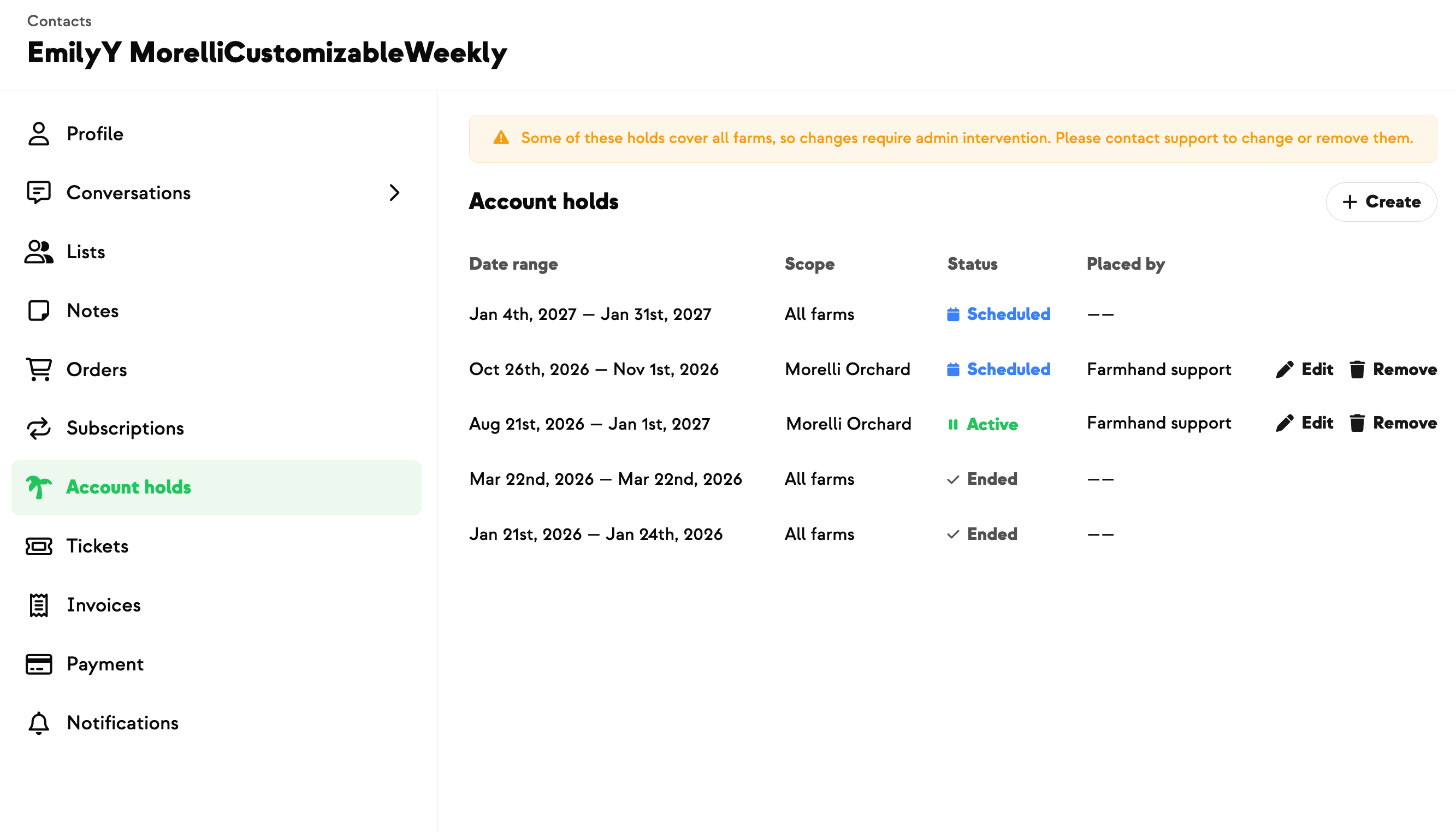 A customer's Account holds tab in the farmer dashboard, showing the hold history alongside the holds the farm can manage itself