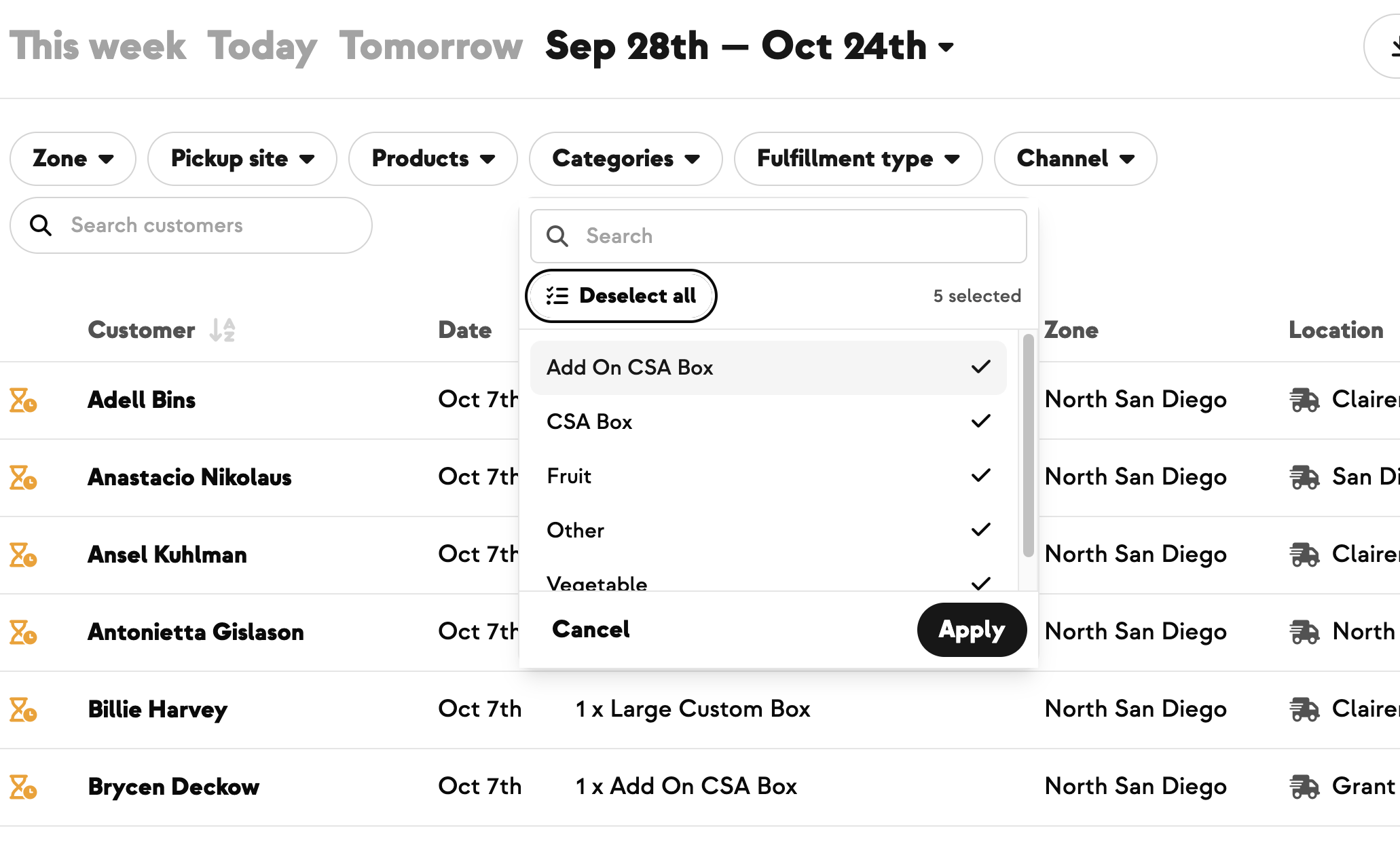 The Categories filter on the Orders page with Select all used, all five categories ticked and a 5 selected count