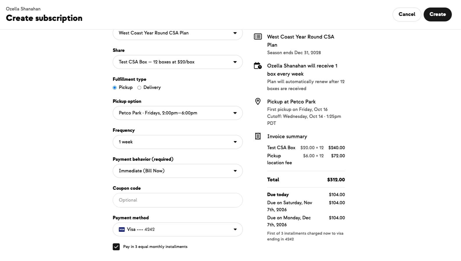 Create subscription with Pay in 3 equal monthly installments ticked and the payment schedule in the summary