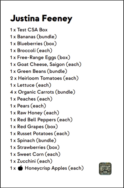 A 4x6 packing label with the header hidden and 21 items fitting on one label beside a small farm logo