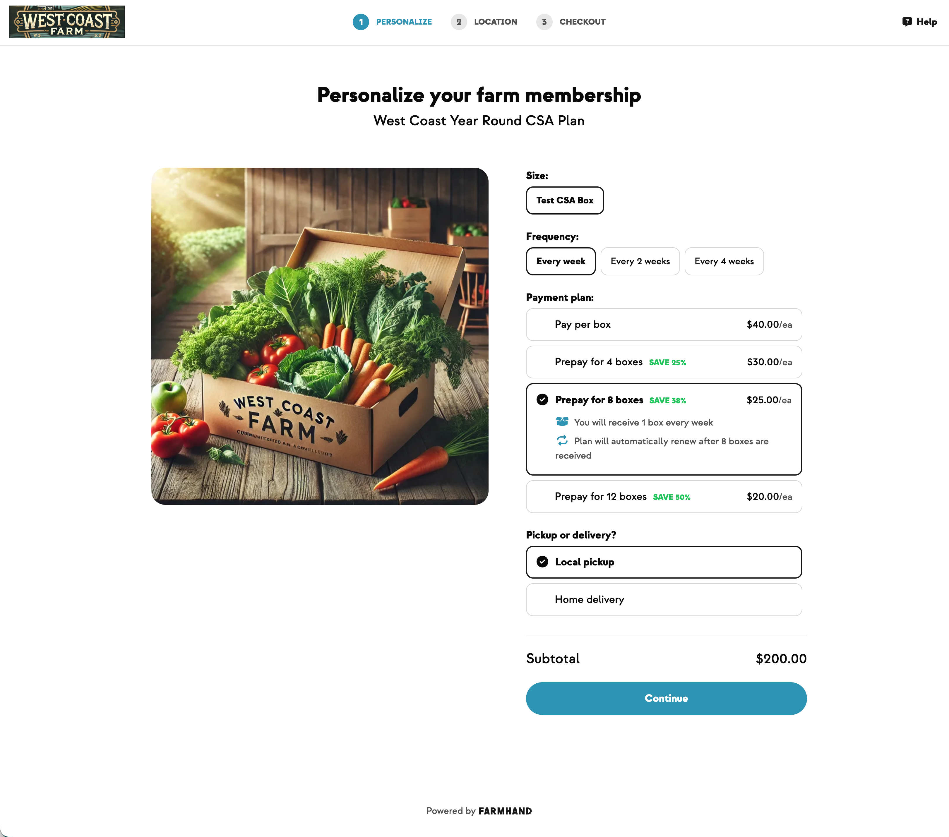 CSA signup Personalize step in the farm's teal brand color, with a teal Continue button