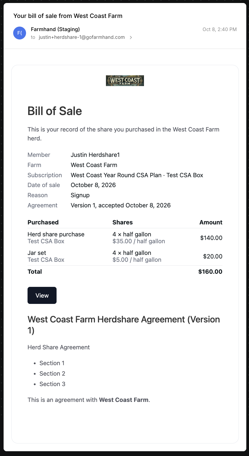 Bill of Sale email listing herd share purchase and jar set fees for four half-gallon shares, with the agreement version accepted