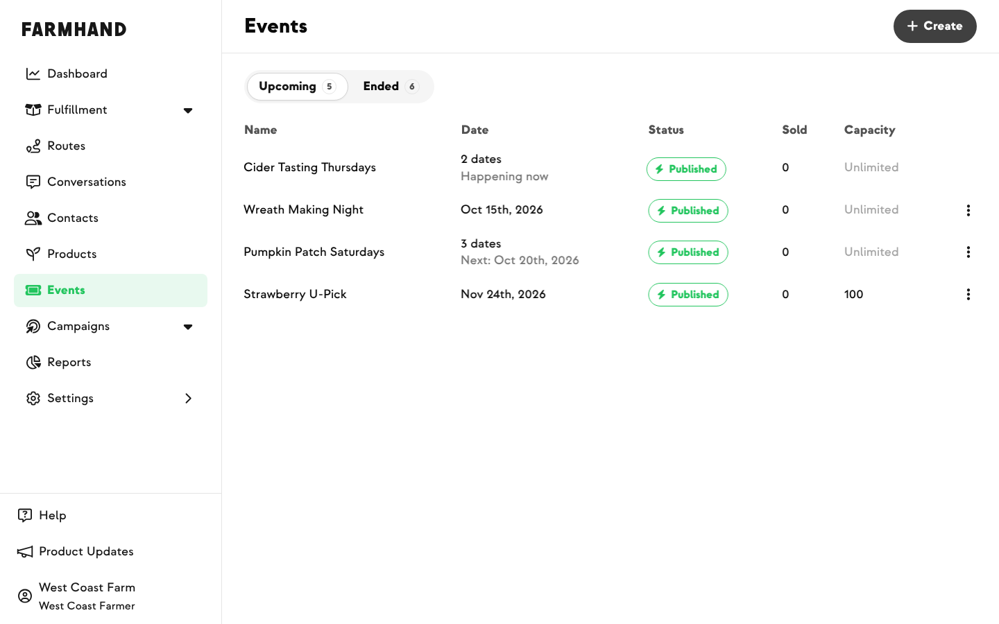 Events page on the Upcoming view, with today's events at the top