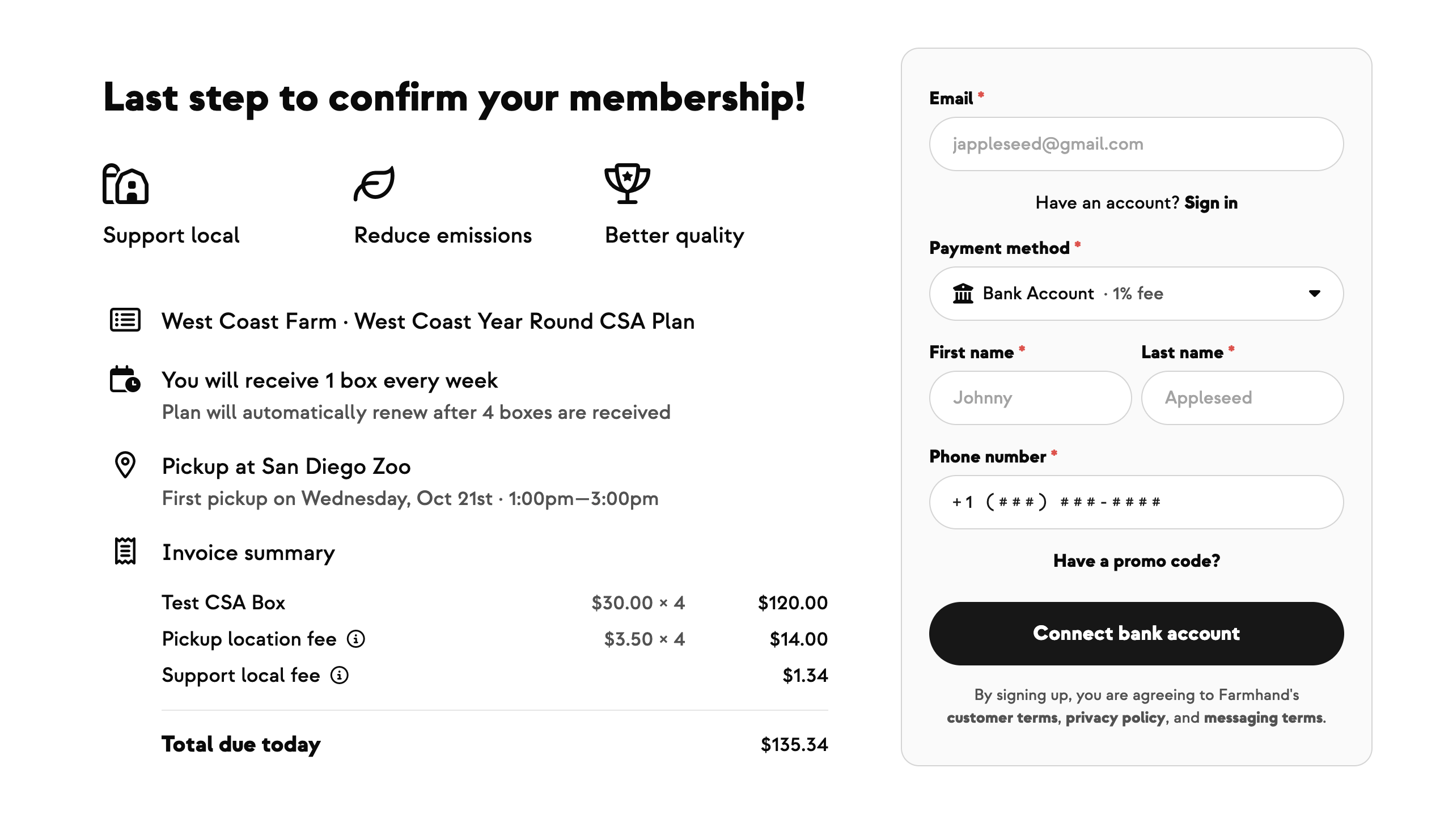 CSA signup with Bank Account selected and a 1% fee in the invoice summary