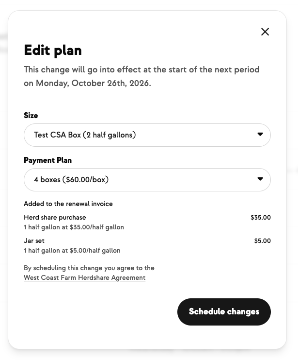Edit plan dialog showing the herd share and jar fees added to the renewal invoice