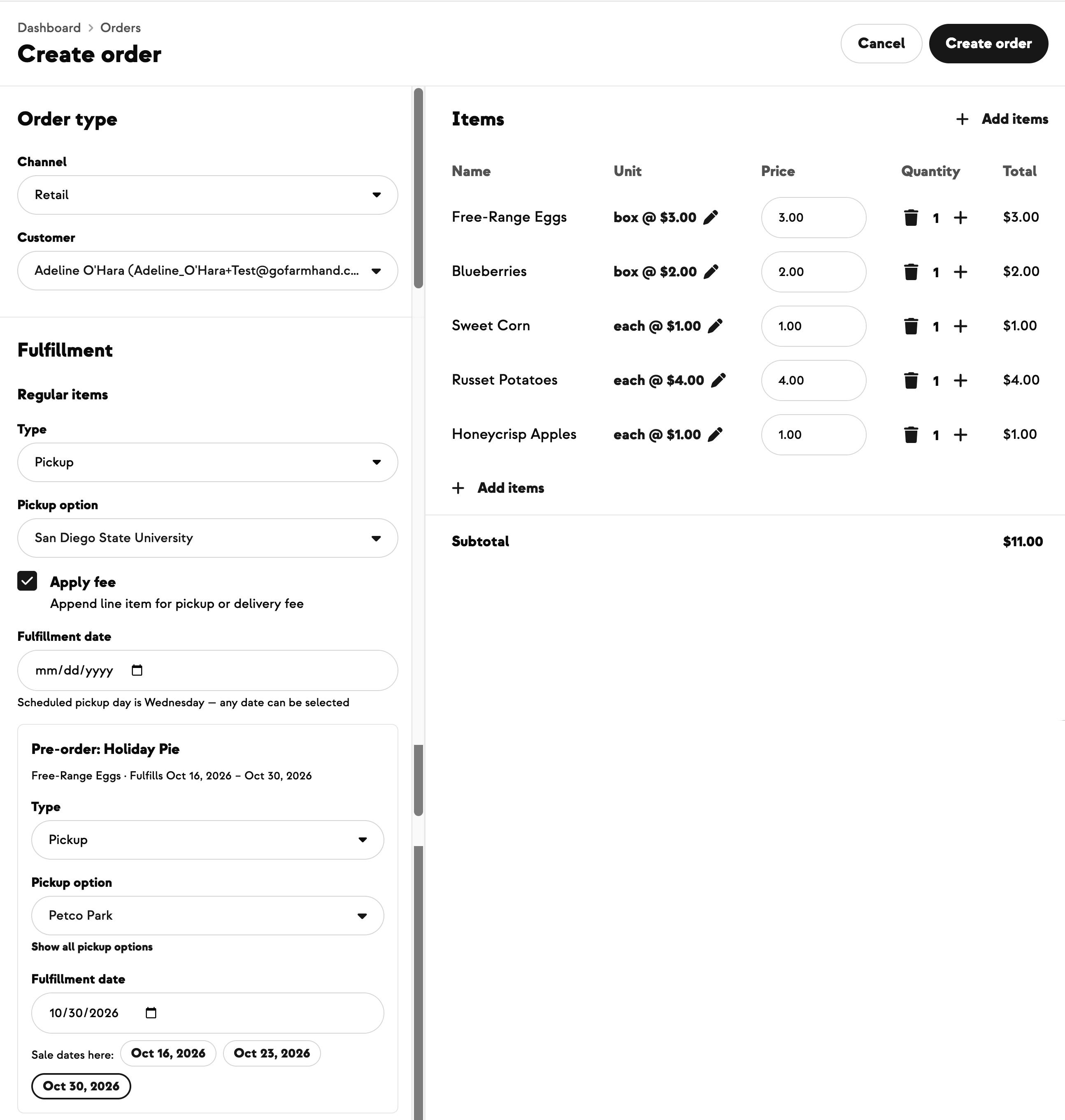Create Order with a pre-order sale's own fulfillment section under the regular items