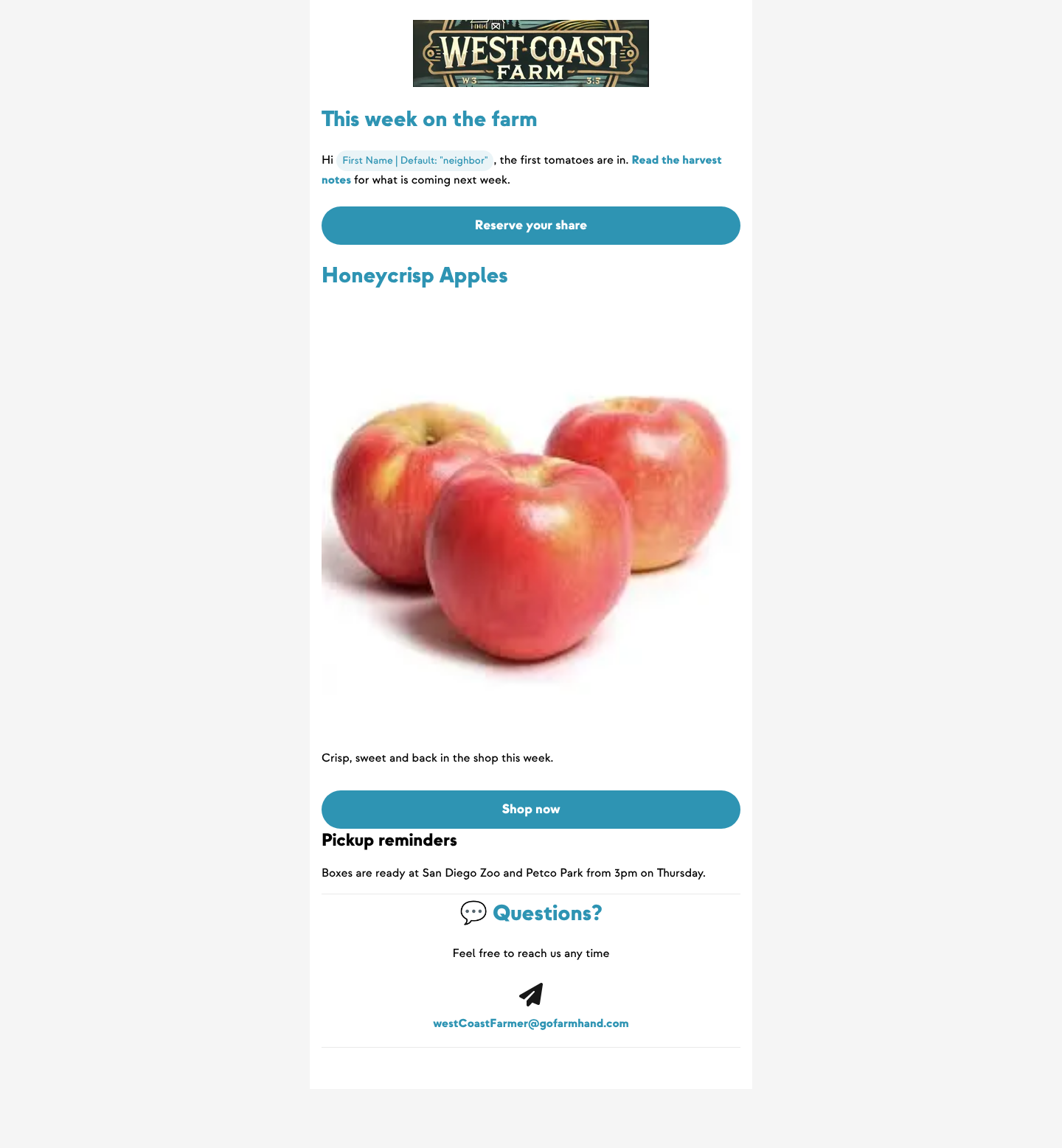 Campaign email in a light brand color with readable buttons, headings and links