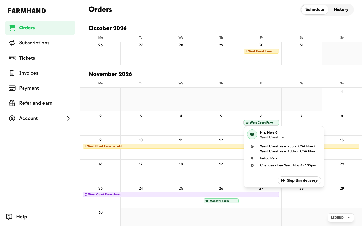 Member Orders calendar with an amber hold bar, a purple farm closure, and a Skip this delivery option