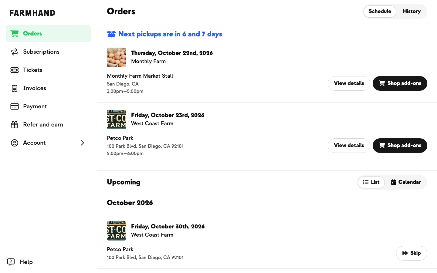 Member Orders tab Schedule view with the next order card under a headline