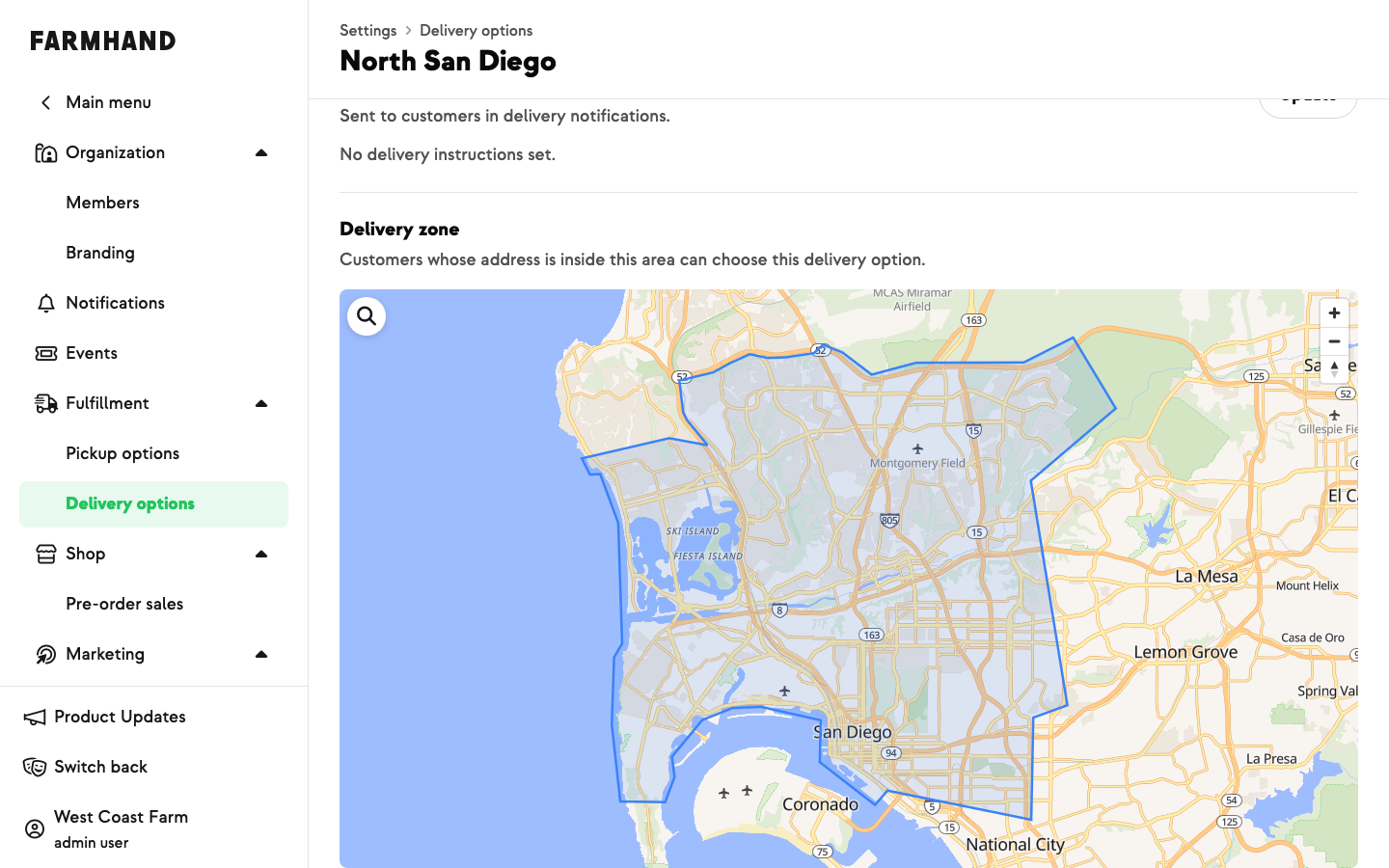 Delivery option page with the delivery zone drawn on a read-only map