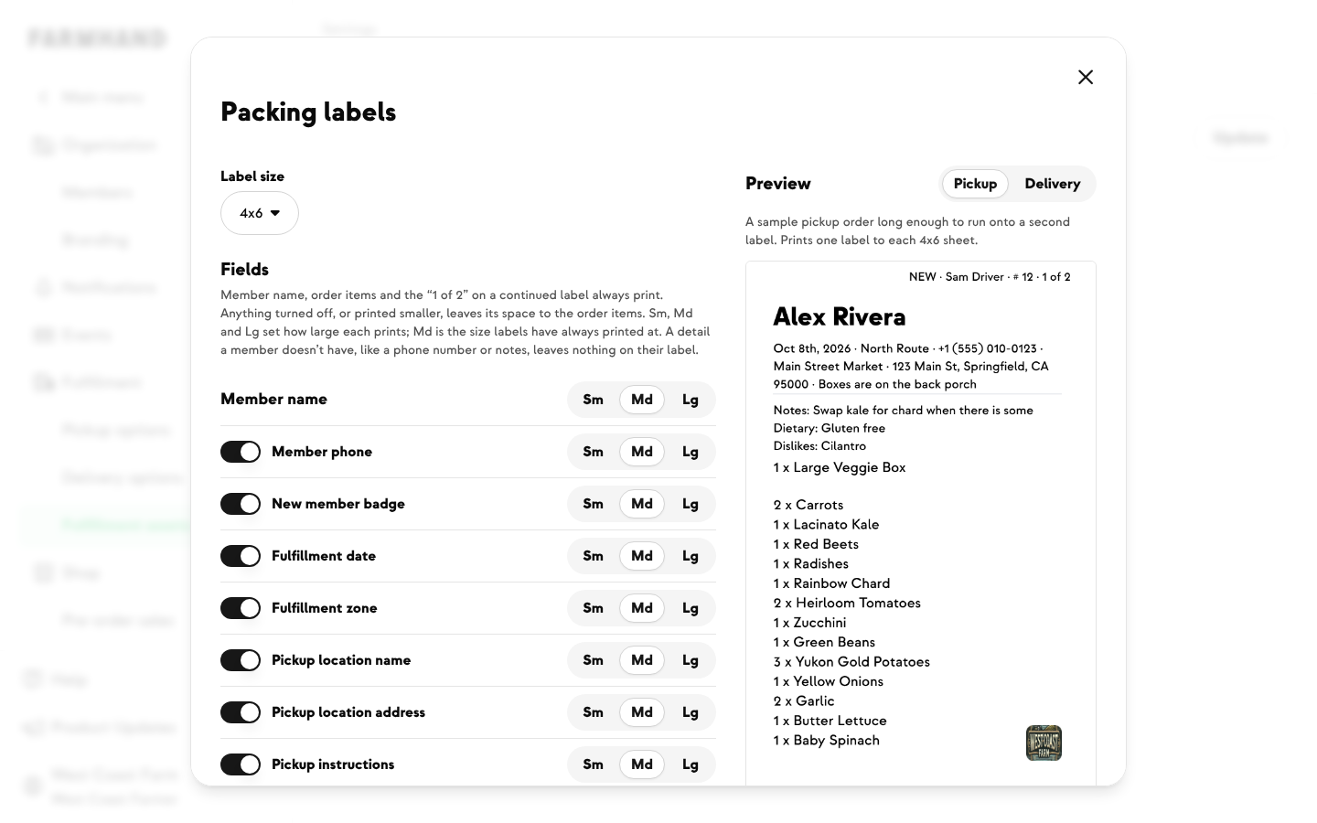 Packing labels settings at 4x6 with member phone, new member badge and pickup instructions on, beside a live preview label