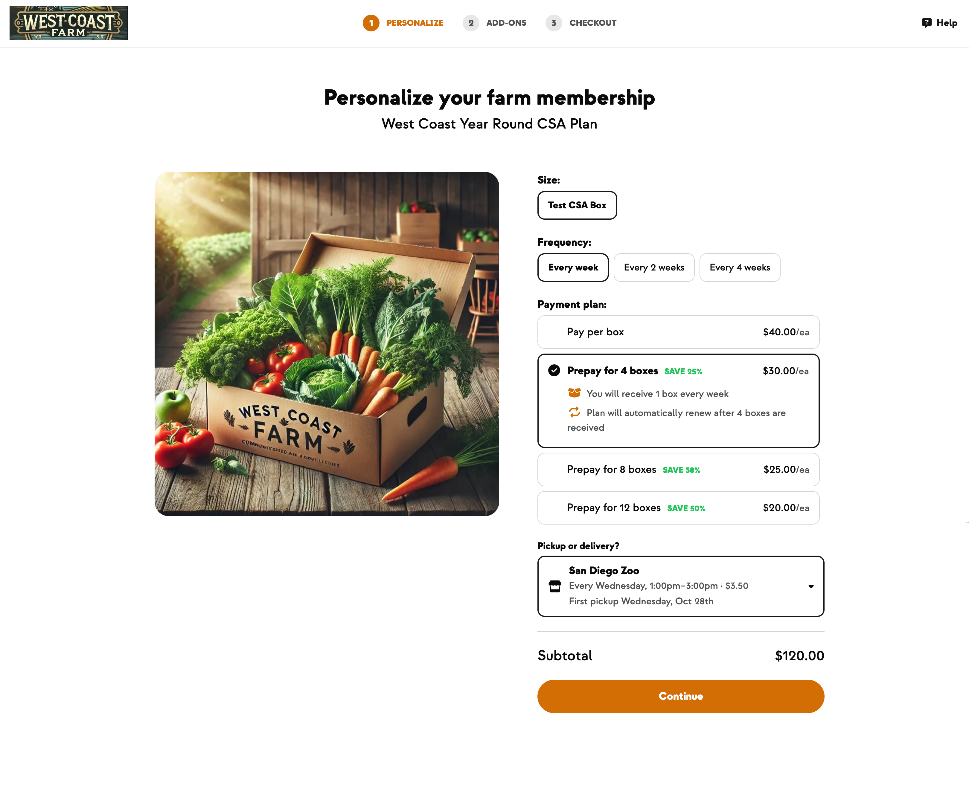 Personalize step with share size, frequency, payment plan and pickup choice