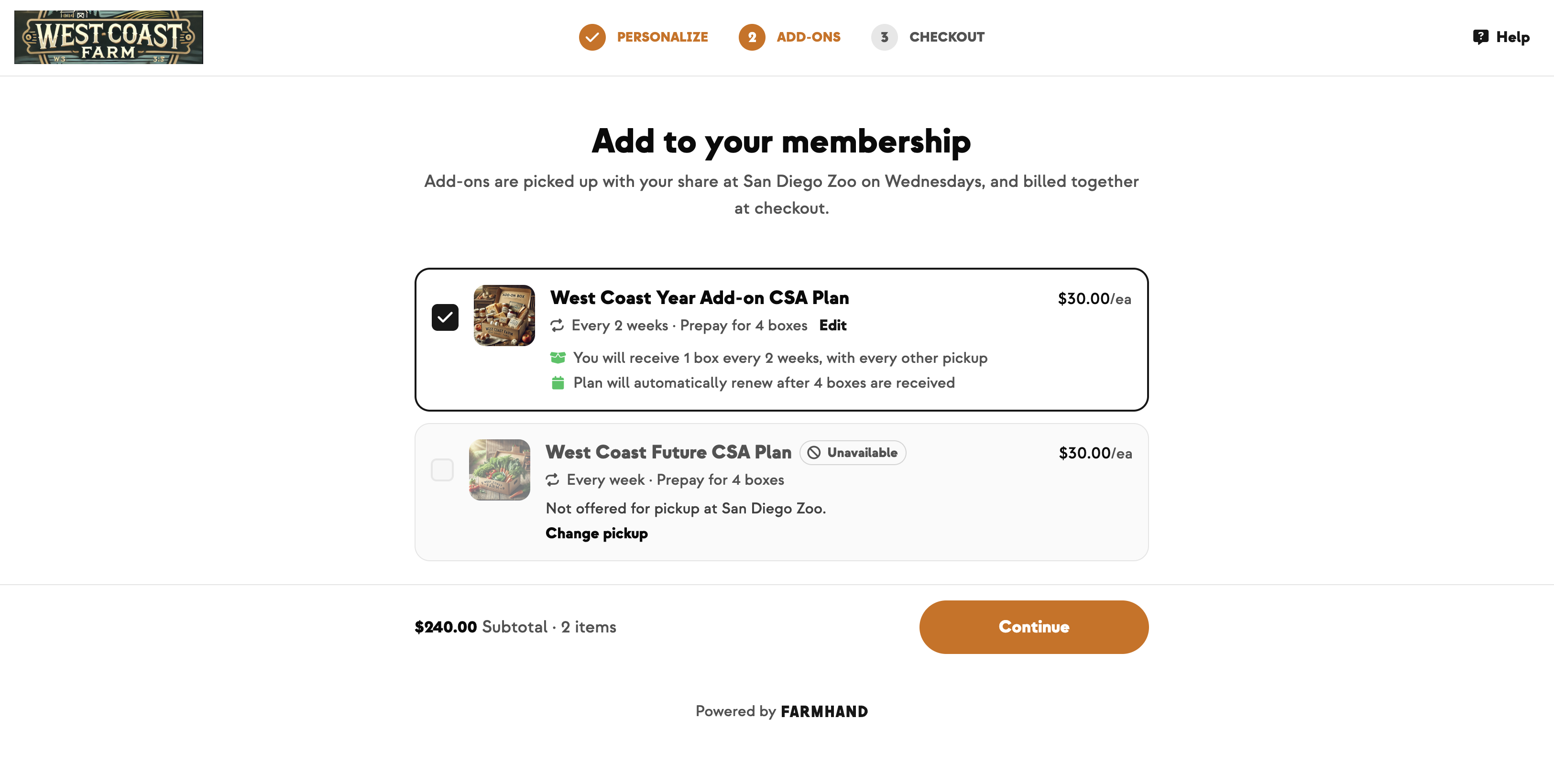 Add-ons step with one add-on ticked and another marked unavailable with a Change pickup link