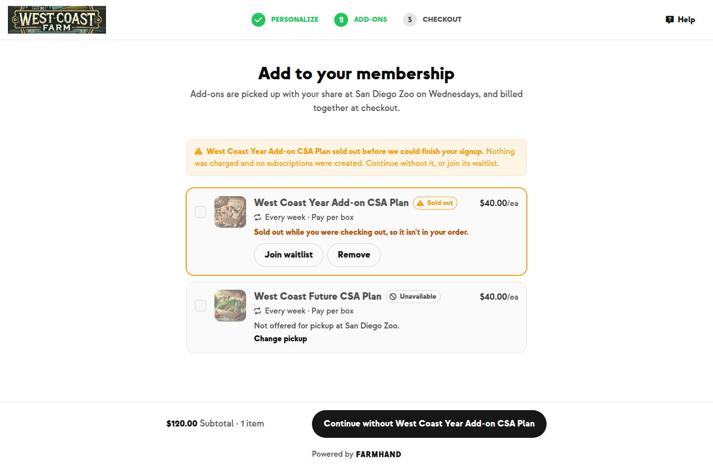 Add-on marked sold out with Join waitlist and Remove, and a note that nothing was charged