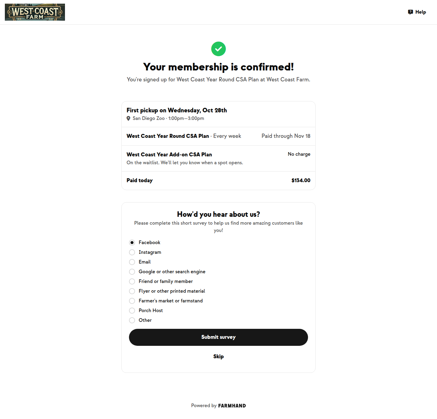 Confirmation page with first pickup, a paid-through date, a waitlisted add-on at no charge, and the How'd you hear about us survey