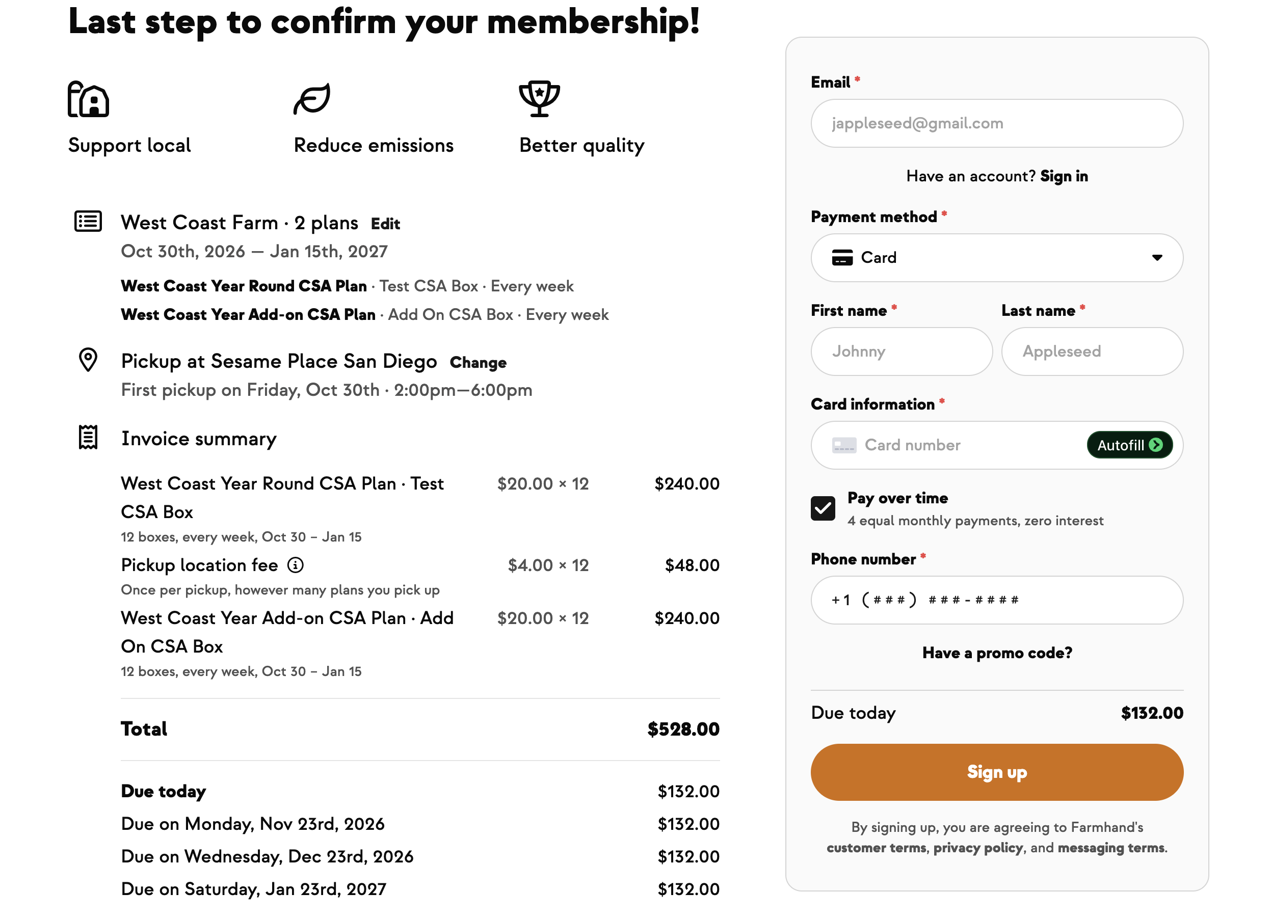 Checkout with two plans on one invoice, a single pickup fee, and Pay over time checked