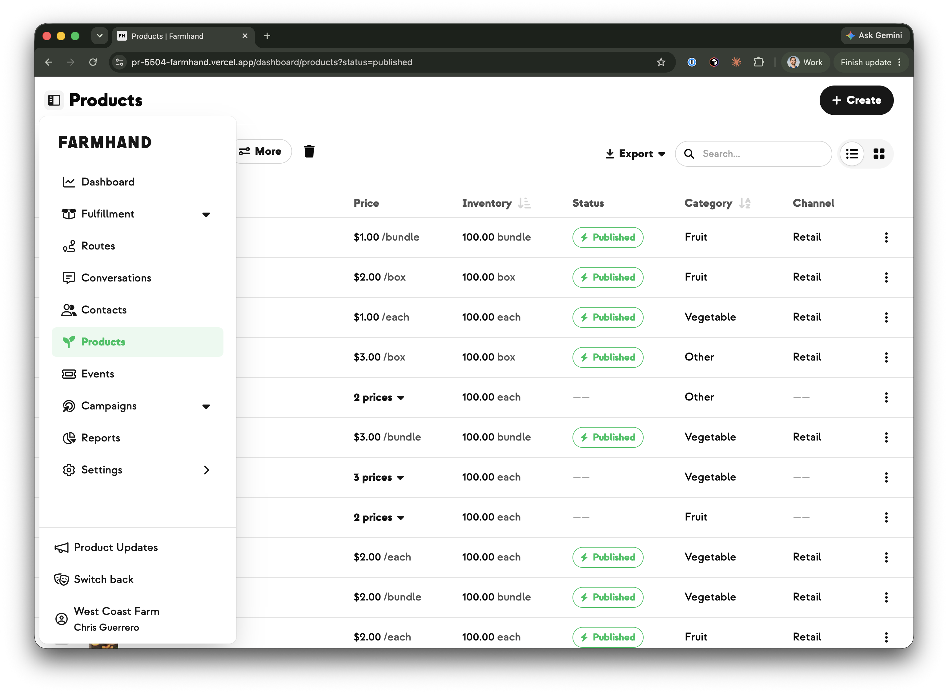 Products page with the menu hidden and the floating menu card open from the toggle next to the page title