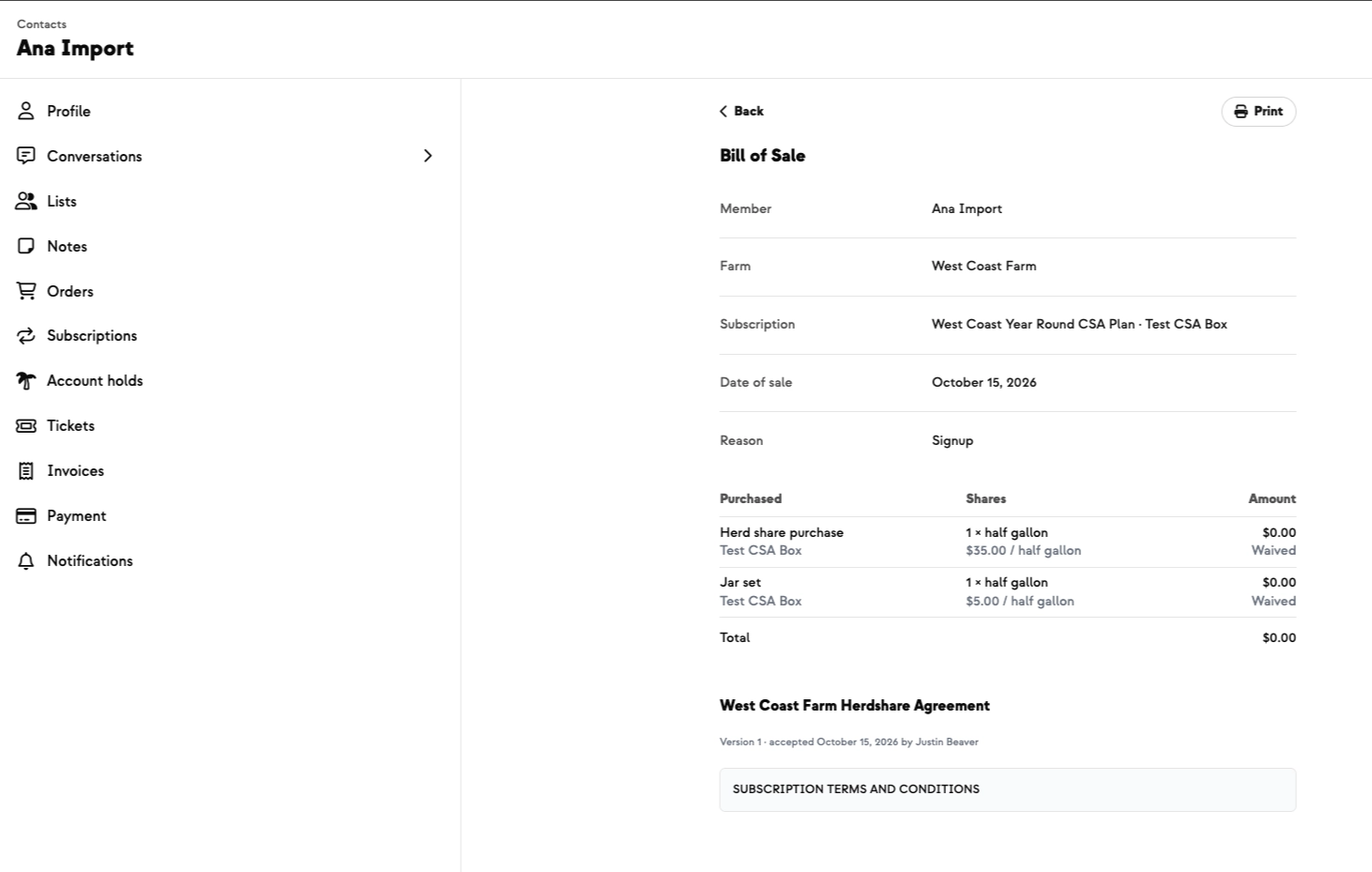 Bill of sale for an imported herdshare member with the share purchase and jar set waived