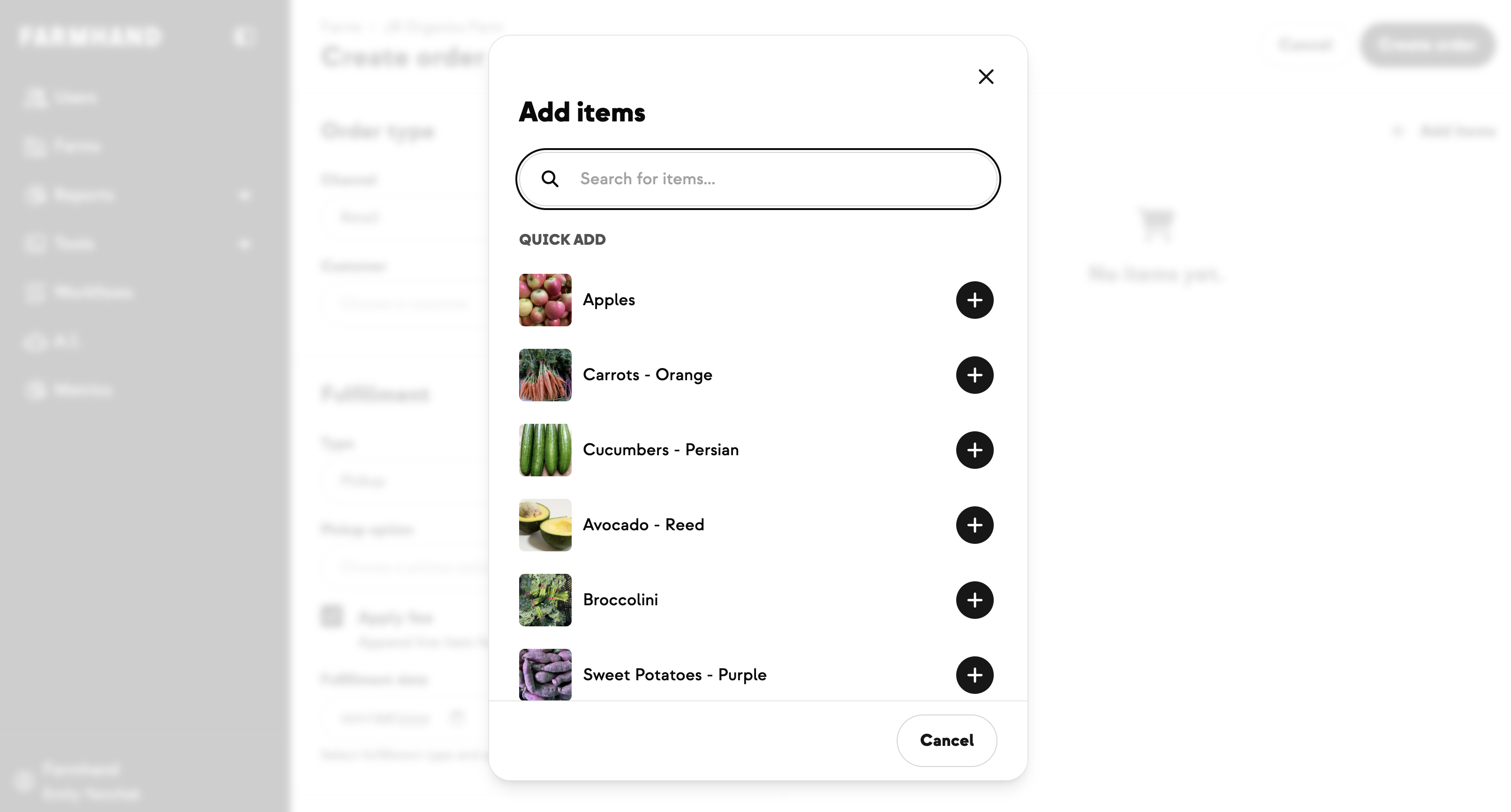 Add items dialog with the Quick add list of top sellers