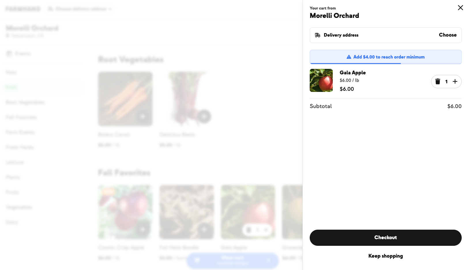 Cart on a delivery-only shop asking for a delivery address