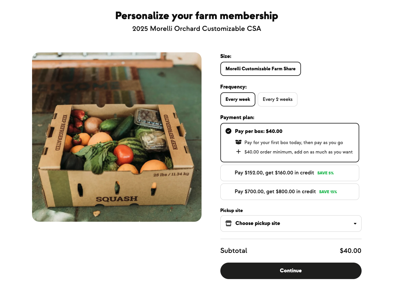 CSA signup on a pickup-only plan showing Choose pickup site