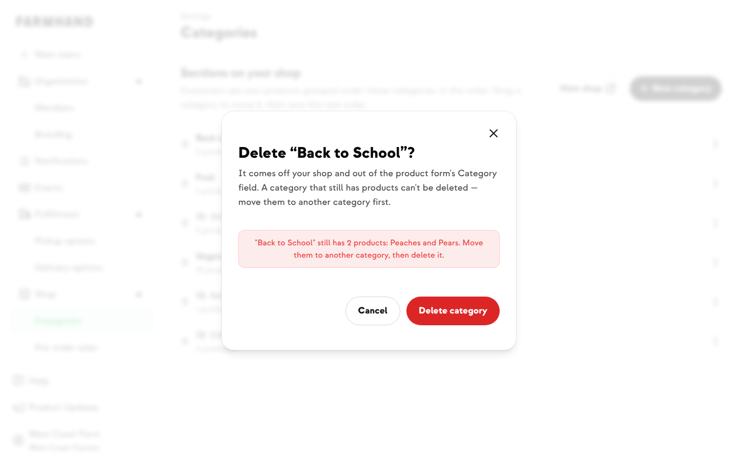 Delete category dialog explaining which products to move first