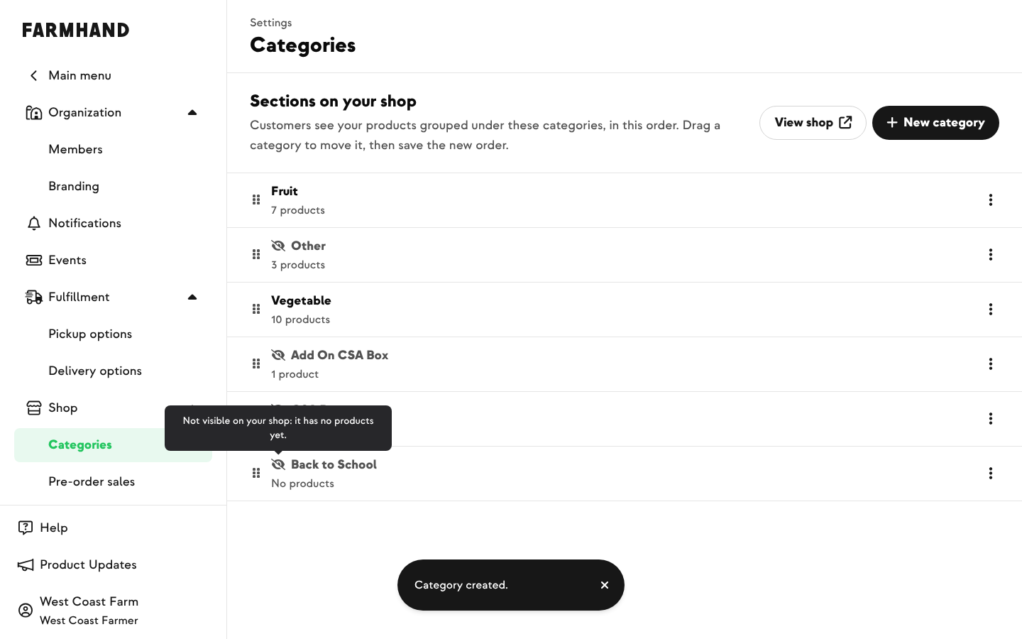 Shop categories in Settings with a new Back to School category added at the end