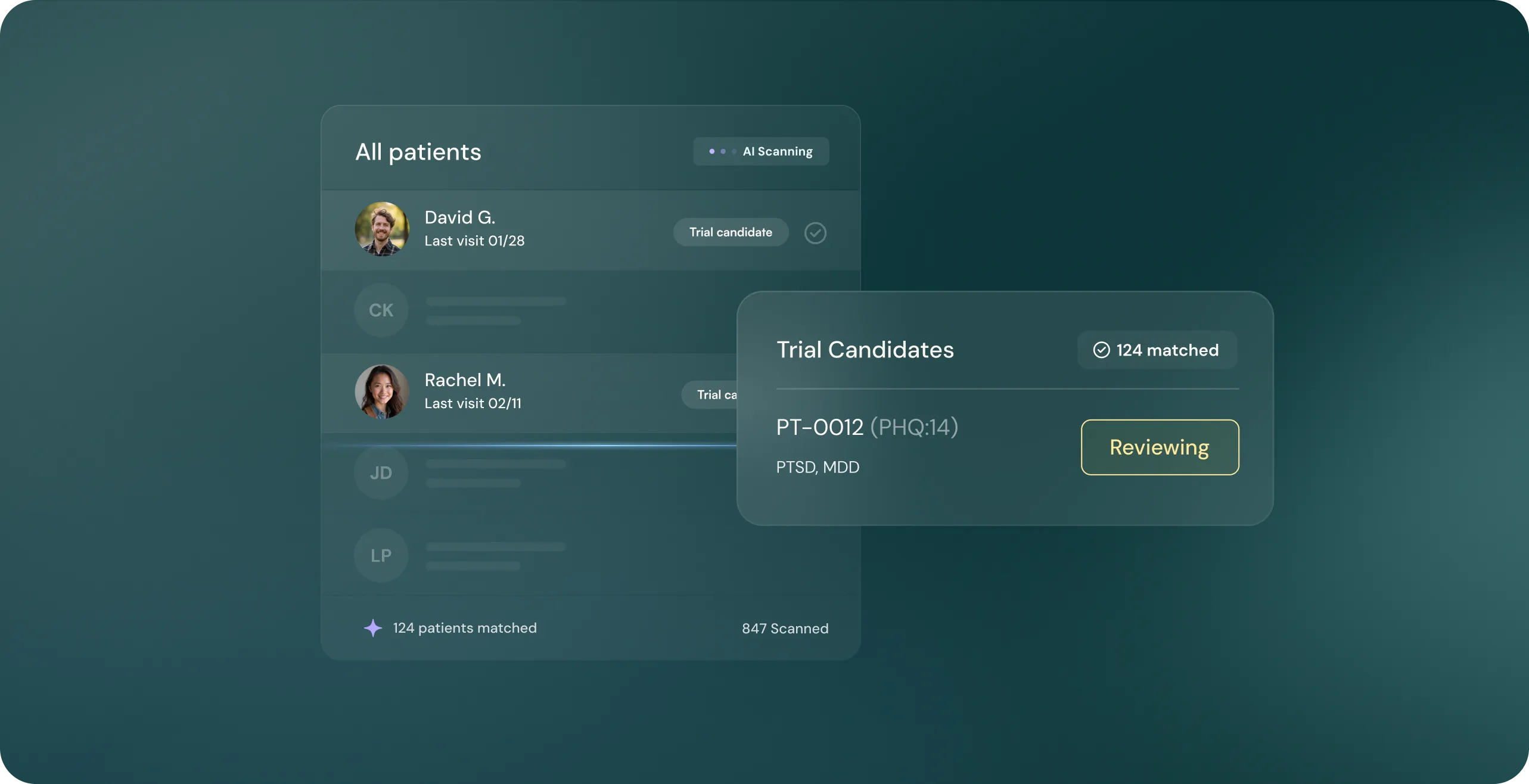 User interface showing a list of patients with AI scanning status, highlighting trial candidates and detailed review of patient PT-0012 with PTSD and MDD conditions.