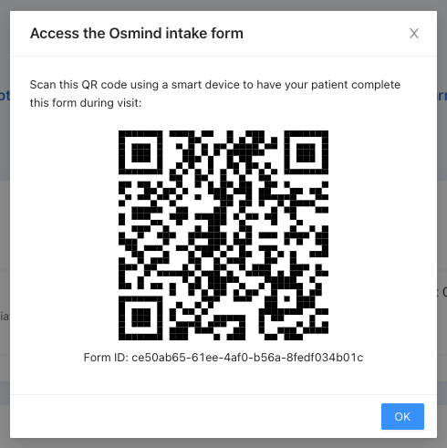 A QR code that  patient can scan to access the Osmind intake form