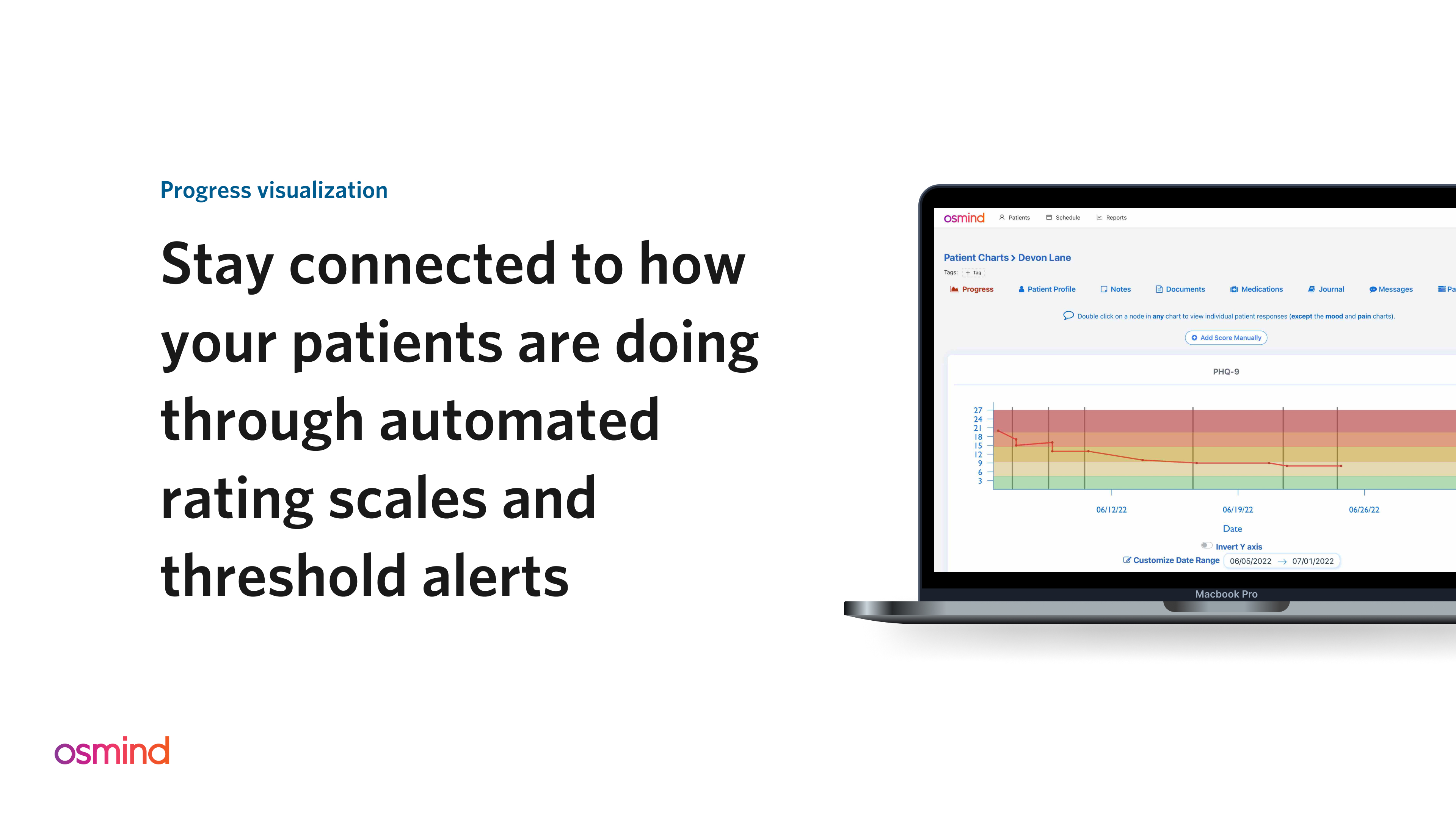 Text: Progress visualization: Stay connected to how your patients are doing through automated rating scales and threshold alerts" and an image of a laptop with Osmind's patient chart with colorful bar graph showing progress and thresholds.