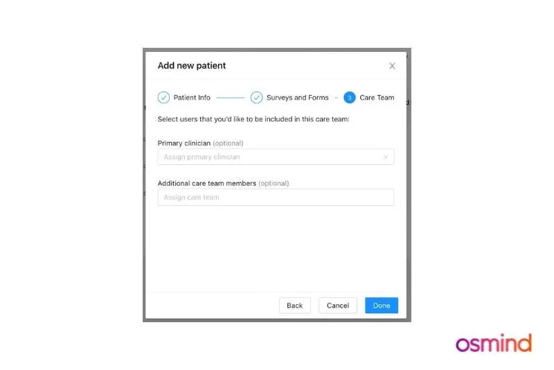Adding a new patients in the Osmind mental health EHR and specifying a care team