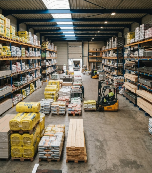 Large warehouse interior with shelves stocked with building materials and pallets of goods on the floor alongside a yellow forklift in the aisle.