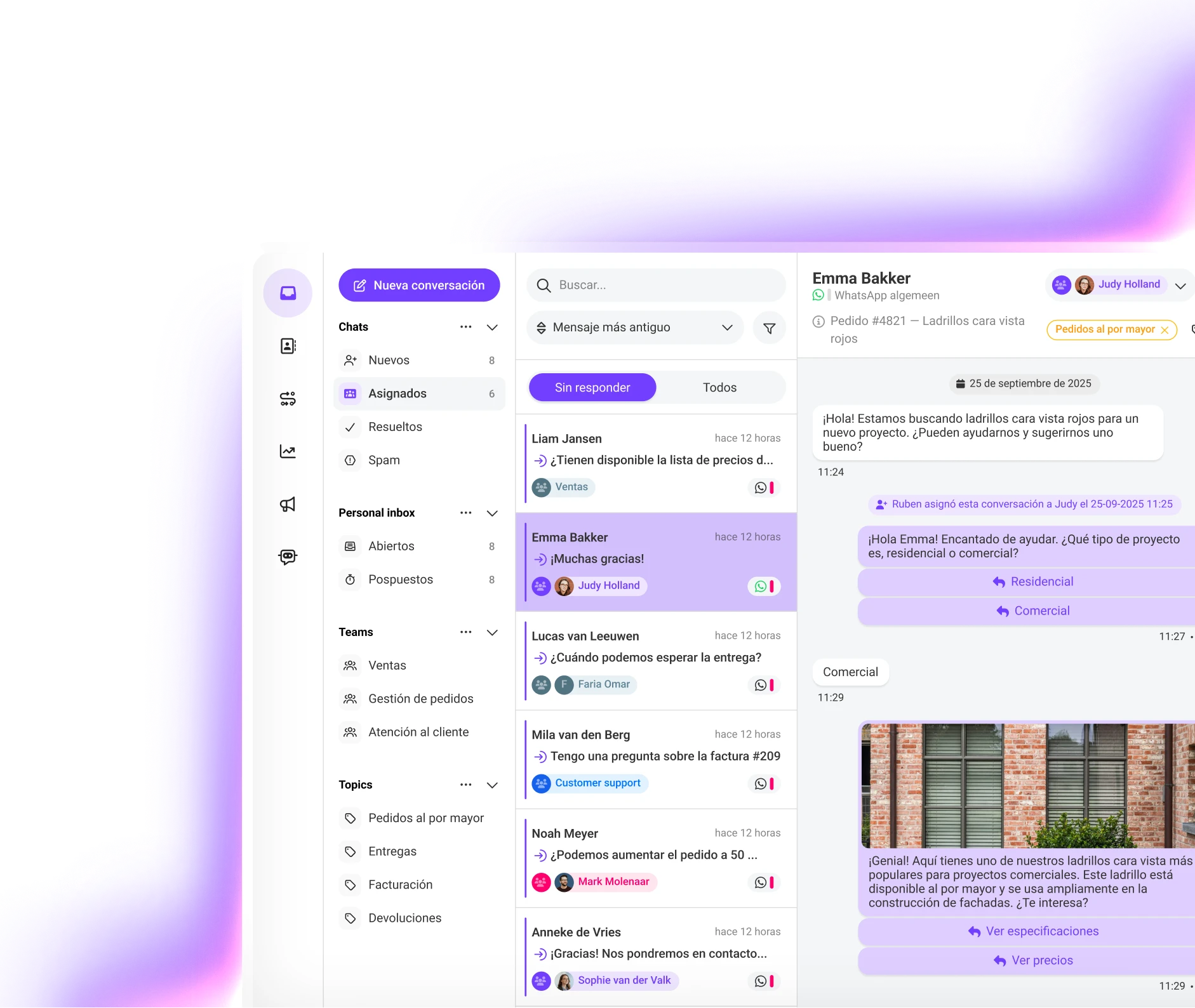 User interface of a messaging platform showing a conversation about red facing bricks for a commercial project. The screen displays multiple inbox categories on the left, recent messages in the center under 'Unanswered,' and an open chat with Emma Bakker on the right. The chat includes a message asking about red bricks, replies offering residential or commercial options, and an image of red brick facade with details about bulk availability and use in commercial facade construction.