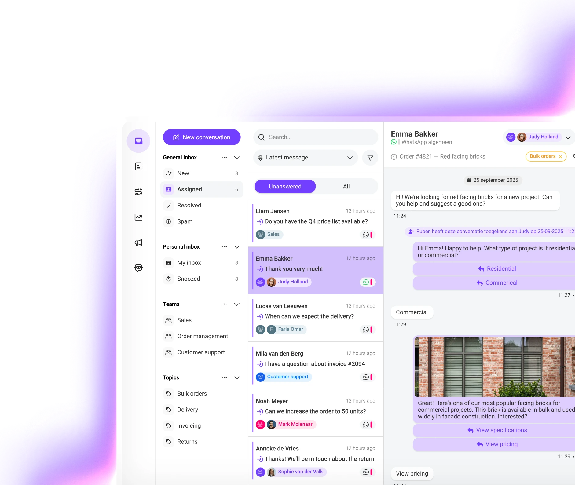 User interface of a messaging platform showing a conversation about red facing bricks for a commercial project. The screen displays multiple inbox categories on the left, recent messages in the center under 'Unanswered,' and an open chat with Emma Bakker on the right. The chat includes a message asking about red bricks, replies offering residential or commercial options, and an image of red brick facade with details about bulk availability and use in commercial facade construction.